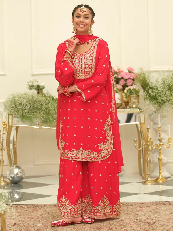 Red_Embroidered_Chinon_Kurta_Trouser_Dupatta_Set