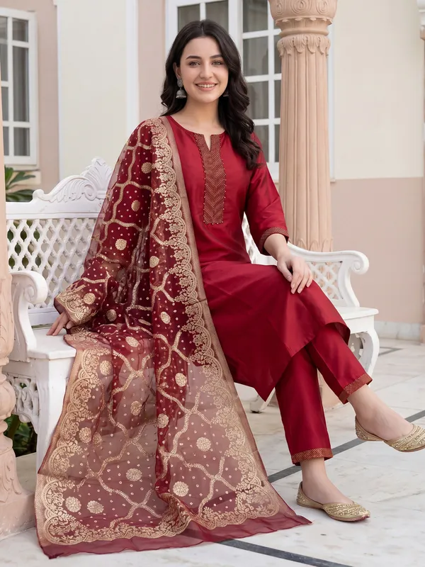 Red_Yoke_Design_Silk_Blend_Kurta_Trouser_Dupatta_Set
