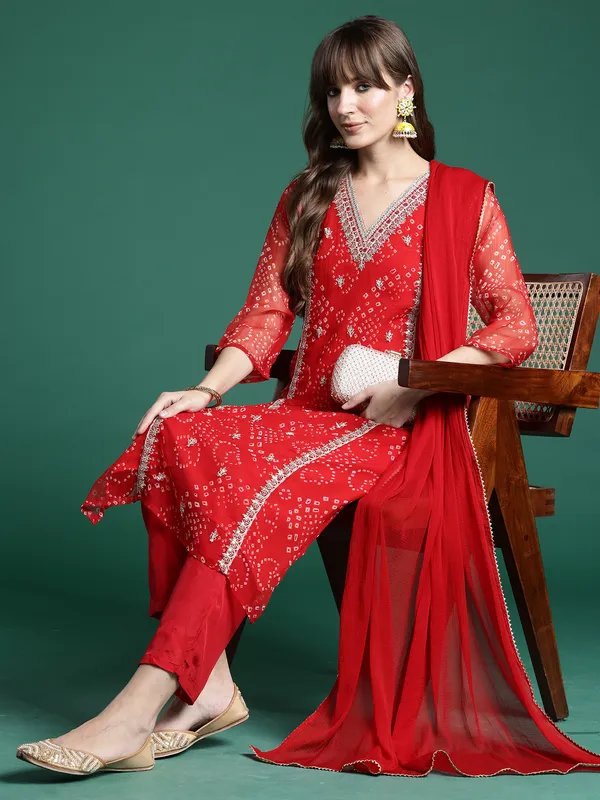 Red_Embroidered_Silk_Chiffon_Kurta_Trouser_Dupatta_Set