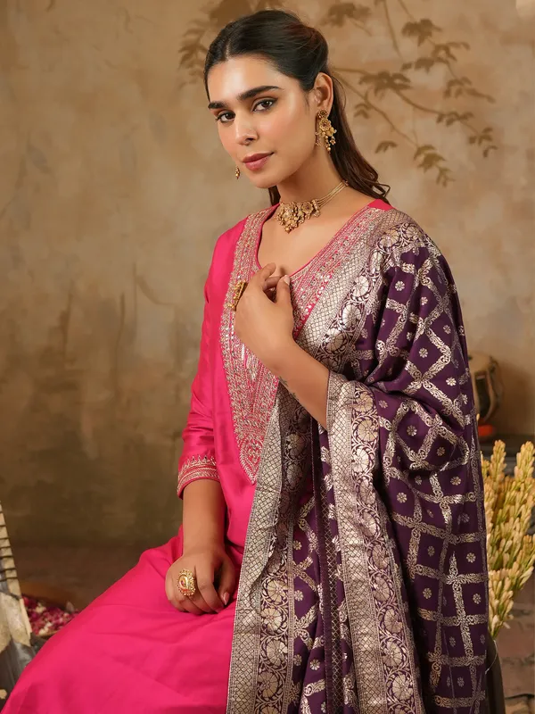 Pink_Embroidered_Silk_Blend_Kurta_Trouser_Dupatta_Set