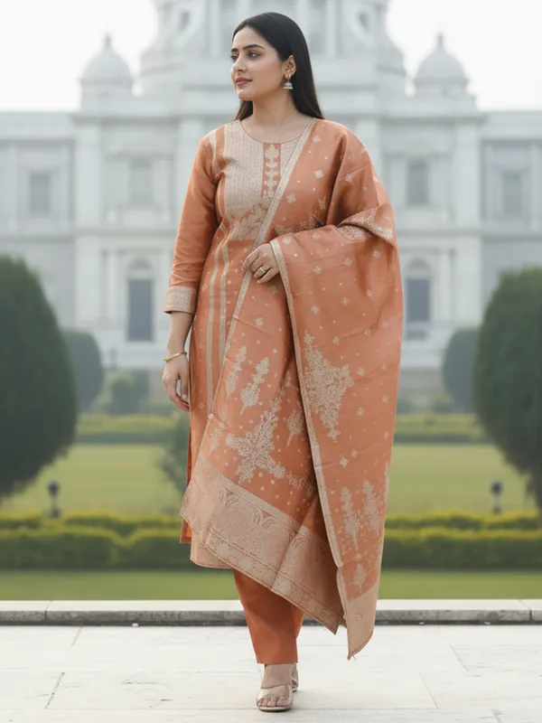 Rust_Silk_Blend_Printed_Kurta_Trouser_Dupatta_Set