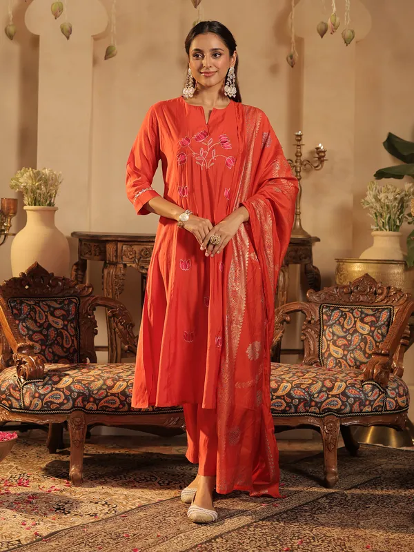 Orange_Embroidered_Silk_Blend_Kurta_Trouser_Dupatta_Set