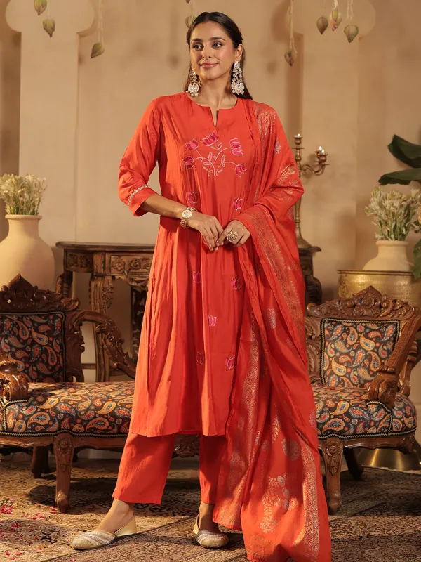 Orange_Embroidered_Silk_Blend_Kurta_Trouser_Dupatta_Set