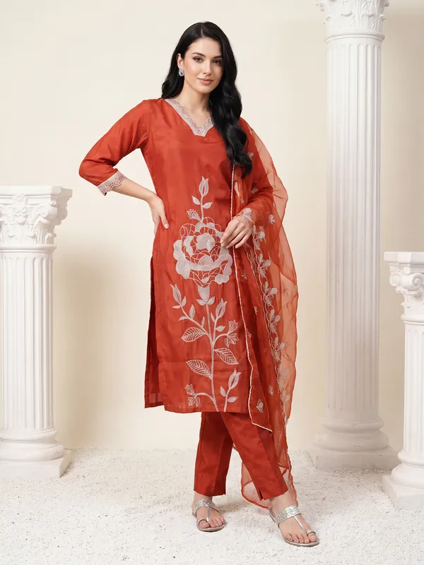 Orange_Embroidered_Straight_Kurta_Trousers_With_Dupatta_Set