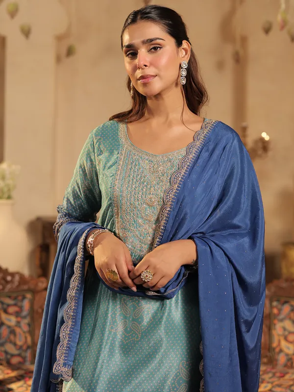 Sea_Green_Printed_Silk_Kurta_Trouser_Dupatta_Set