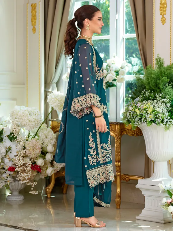 Teal_Embroidered_Straight_Kurta_Trousers_With_Dupatta_Set