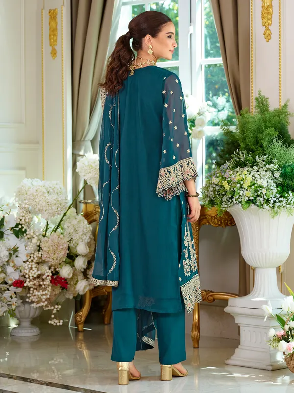 Teal_Embroidered_Straight_Kurta_Trousers_With_Dupatta_Set
