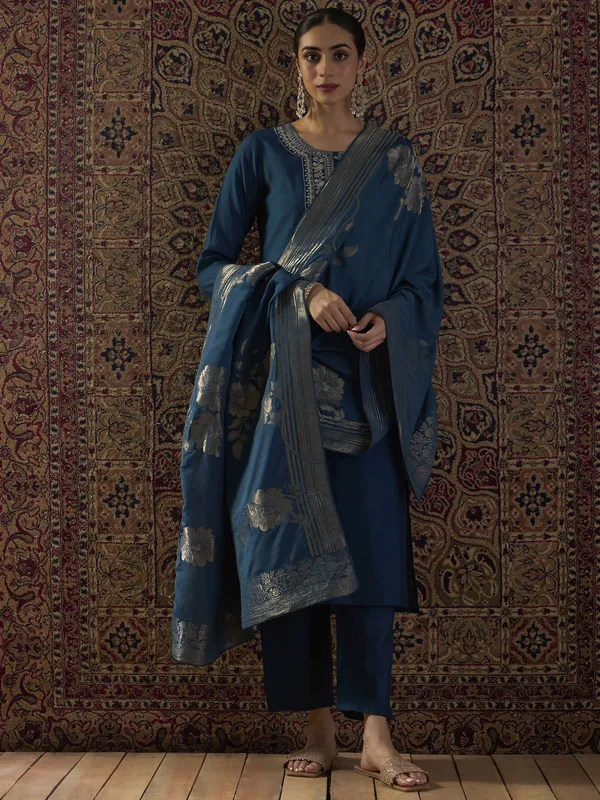 Teal_Embroidered_Straight_Kurta_Trousers_With_Dupatta_set