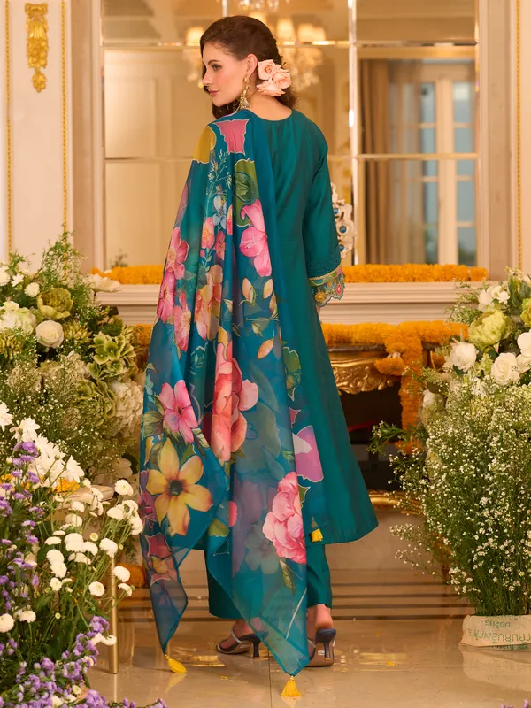 Teal_Embroidered_A-Line_Kurta_Trousers_With_Dupatta_set