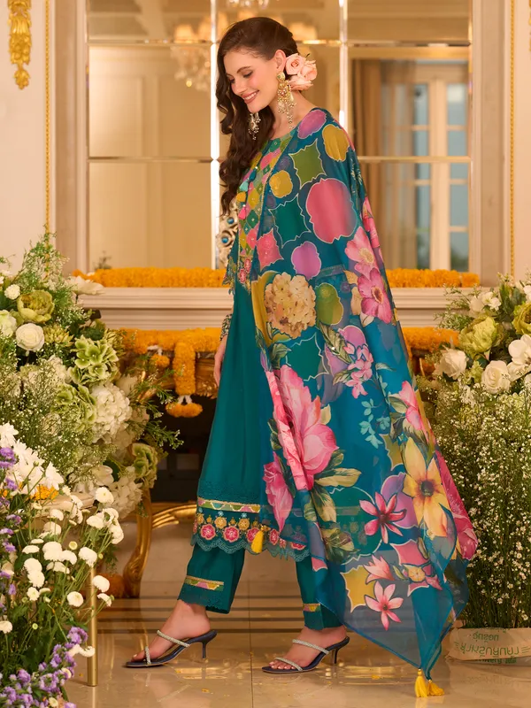 Teal_Embroidered_A-Line_Kurta_Trousers_With_Dupatta_set