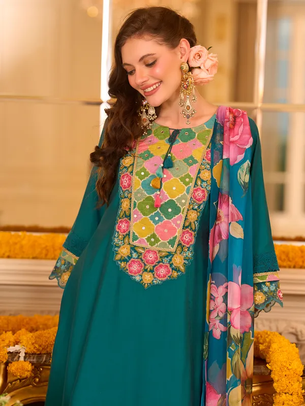 Teal_Embroidered_A-Line_Kurta_Trousers_With_Dupatta_set