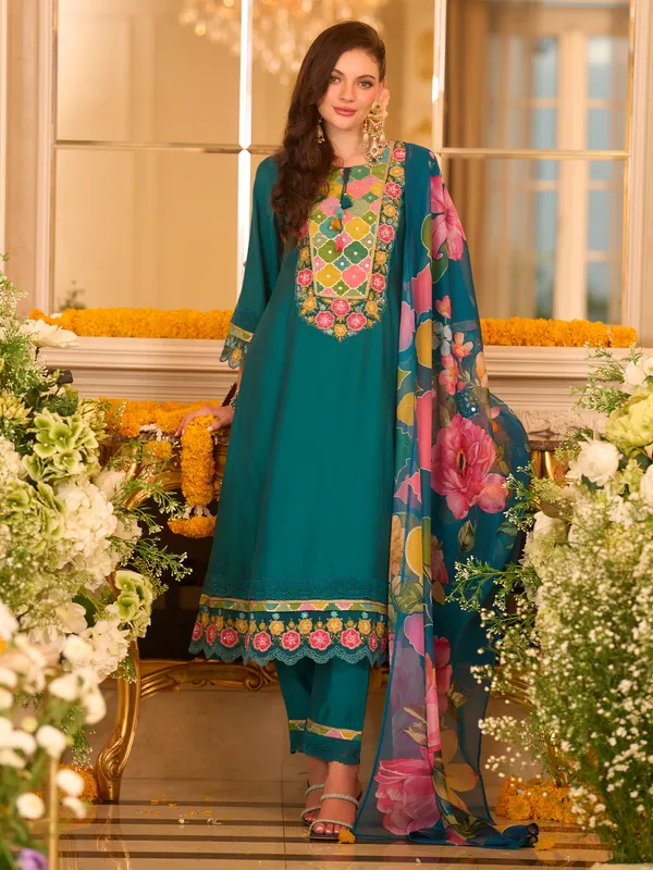 Teal_Embroidered_A-Line_Kurta_Trousers_With_Dupatta_set