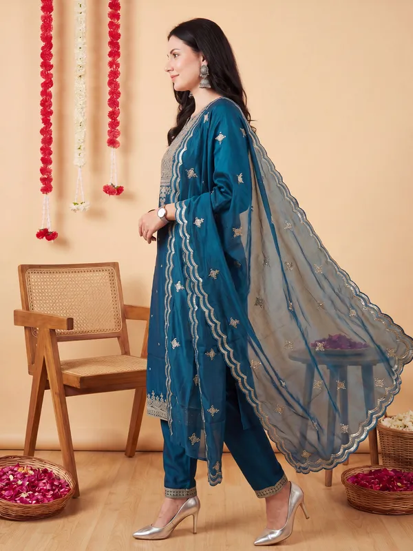 Teal_Embroidered_Chinon_Kurta_Trouser_Dupatta_Set