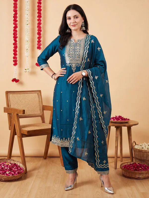 Teal_Embroidered_Chinon_Kurta_Trouser_Dupatta_Set