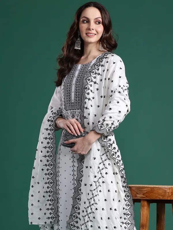 White_Woven_Design_Straight_Kurta_Trousers_With_Dupatta_Set