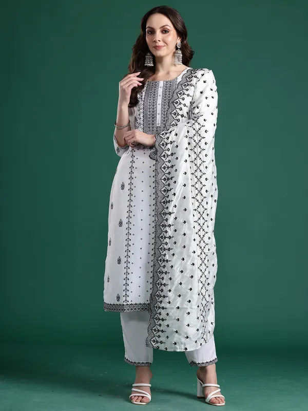 White_Woven_Design_Straight_Kurta_Trousers_With_Dupatta_Set