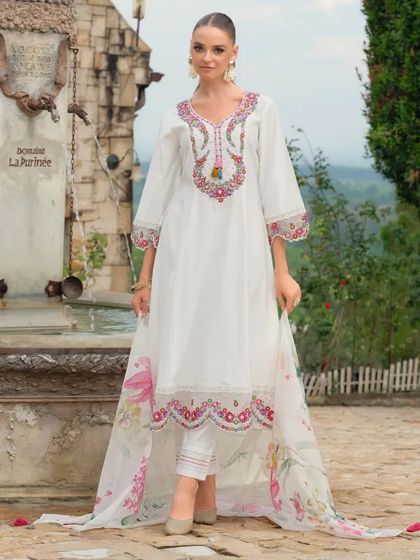 White_Embroidered_A-Line_Kurta_Trousers_With_Dupatta_Set