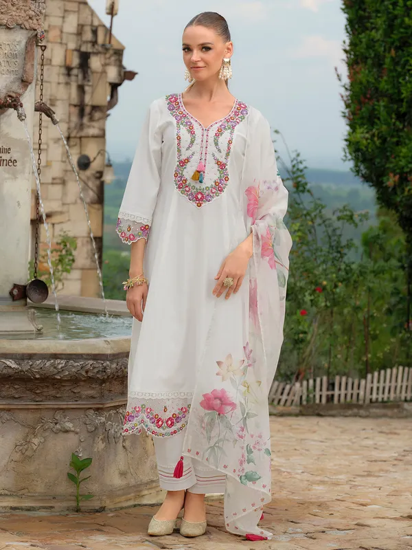 White_Embroidered_A-Line_Kurta_Trousers_With_Dupatta_Set