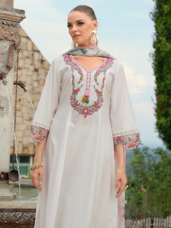 White_Embroidered_A-Line_Kurta_Trousers_With_Dupatta_Set
