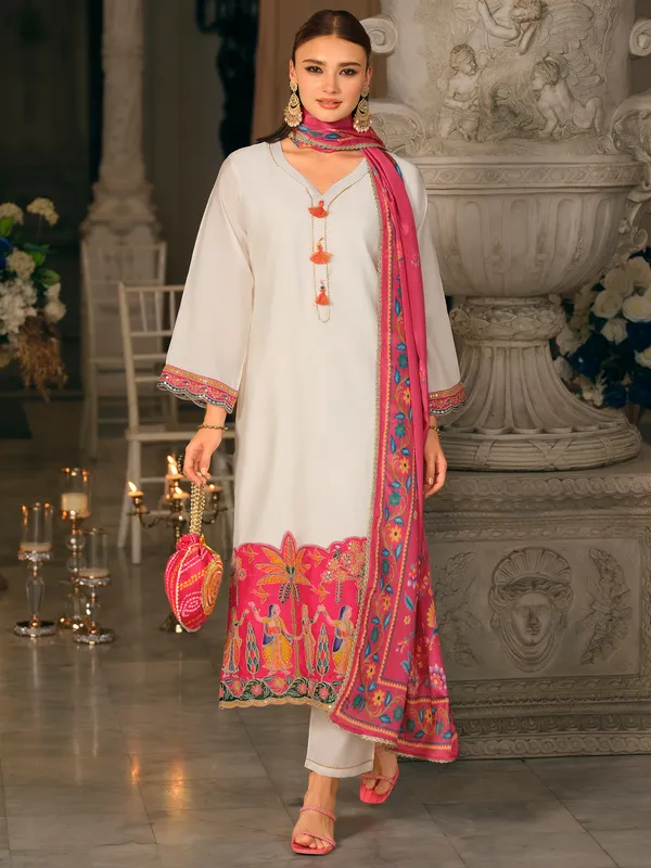 White_Embroidered_Silk_Blend_Kurta_Trouser_Dupatta_Set
