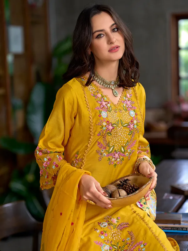 Yellow_Embroidered_Pure_Cotton_Kurta_Trouser_Dupatta_Set