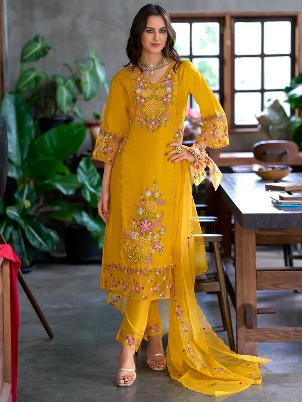 Yellow_Embroidered_Pure_Cotton_Kurta_Trouser_Dupatta_Set