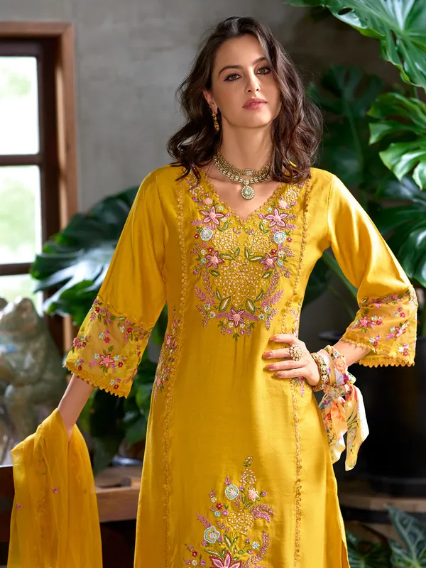 Yellow_Embroidered_Pure_Cotton_Kurta_Trouser_Dupatta_Set
