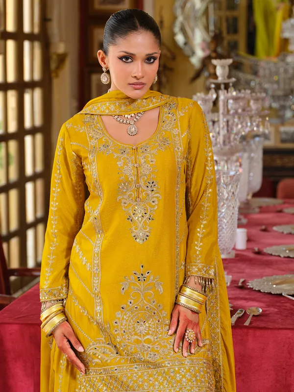 Yellow_Embroidered_Chinon_Kurta_Trouser_Dupatta_Set