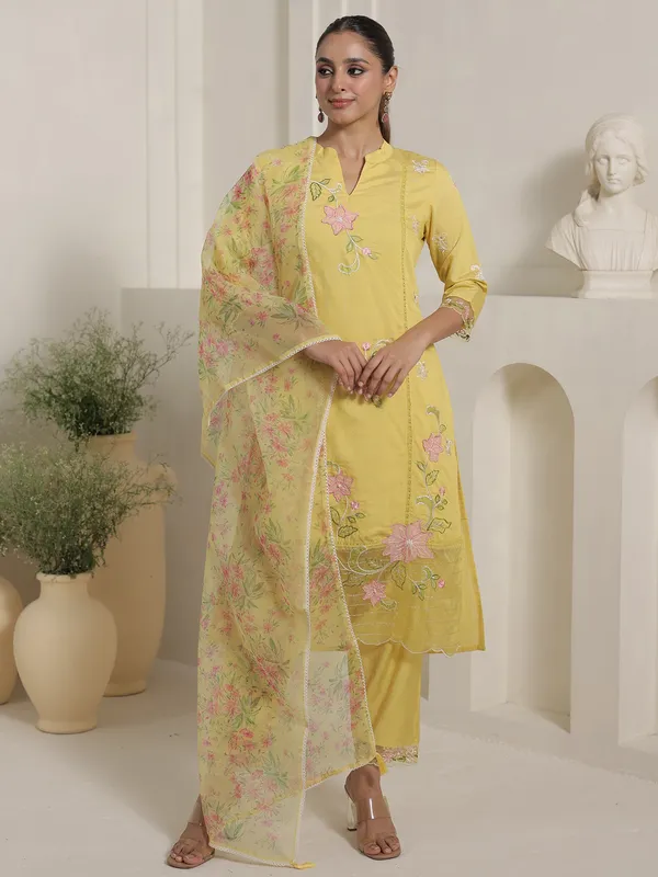 Yellow_Embroidered_Cotton_Blend_Kurta_Trouser_Dupatta_Set