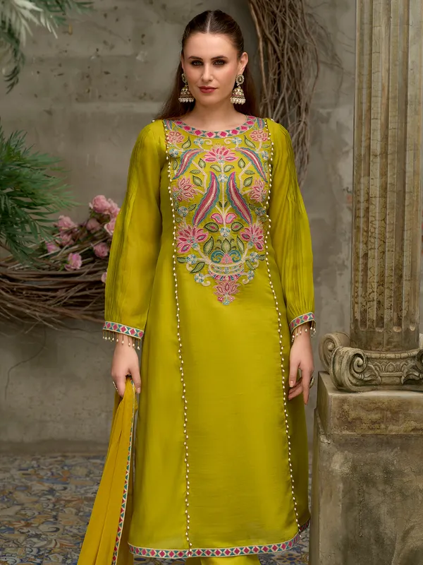 Yellow_Embroidered_Silk_Blend_Kurta_Trouser_Dupatta_Set