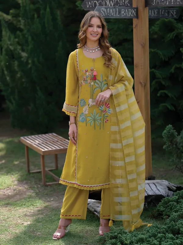 Yellow_Embroidered_A-Line_Kurta_Trousers_With_Dupatta_Set