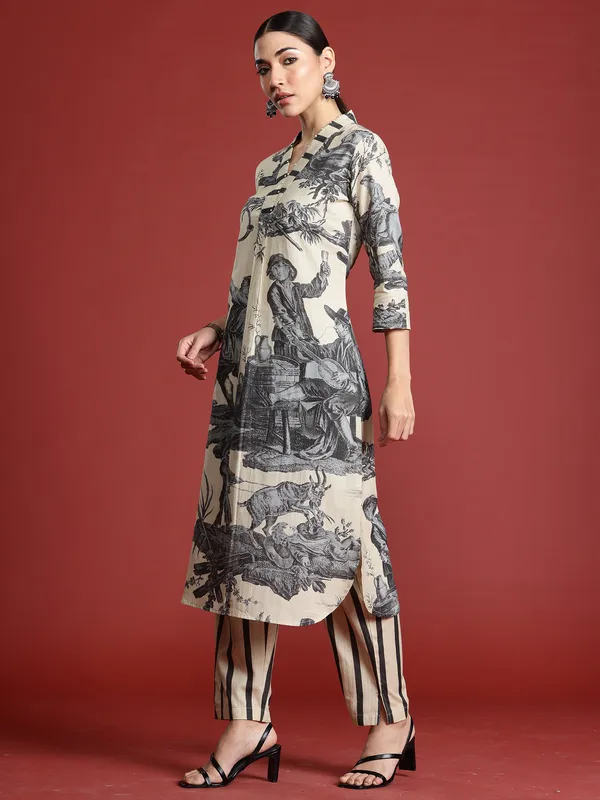 Beige_Printed_Linen_Kurta_Trouser_Set