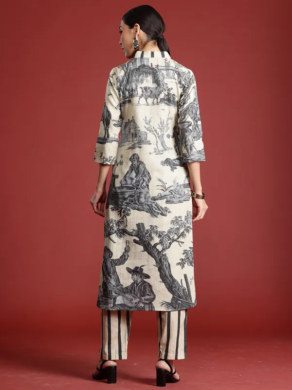 Beige_Printed_Linen_Kurta_Trouser_Set