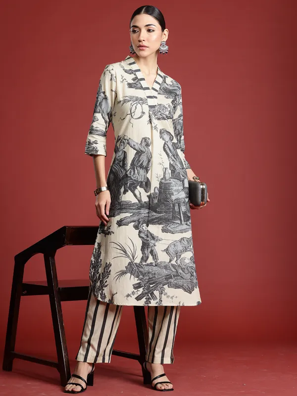 Beige_Printed_Linen_Kurta_Trouser_Set