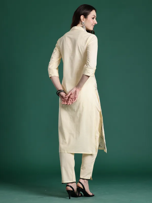 Beige_Embroidered_Pure_Cotton_Kurta_Trouser_Set