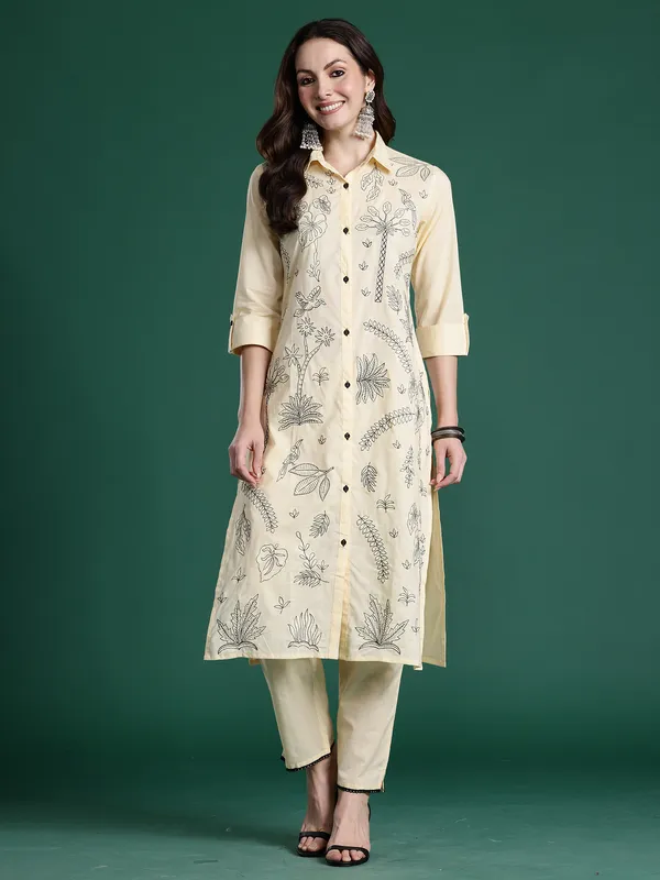 Beige_Embroidered_Pure_Cotton_Kurta_Trouser_Set
