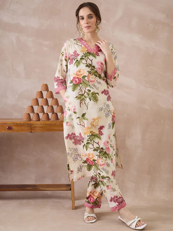 Beige_Printed_Pure_Cotton_Kurta_Trouser_Set
