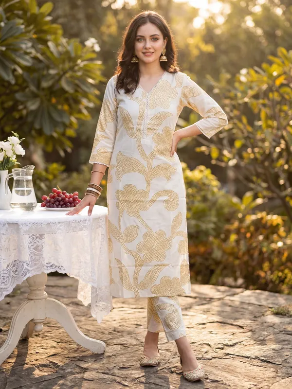 Beige_Printed_Pure_Cotton_Kurta_Trouser_Set