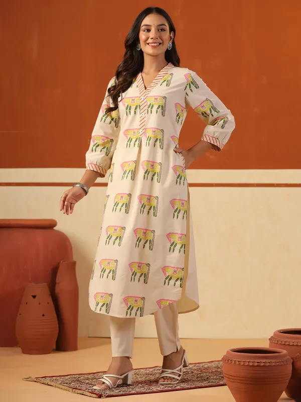 Beige_Printed_Pure_Cotton_Kurta_Trouser_Set