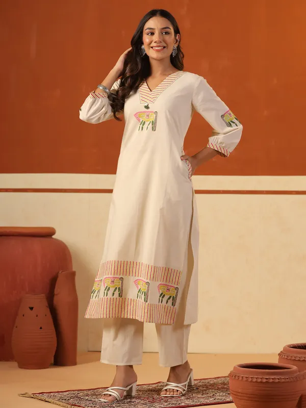 Beige_Printed_Pure_Cotton_Kurta_Trouser_Set