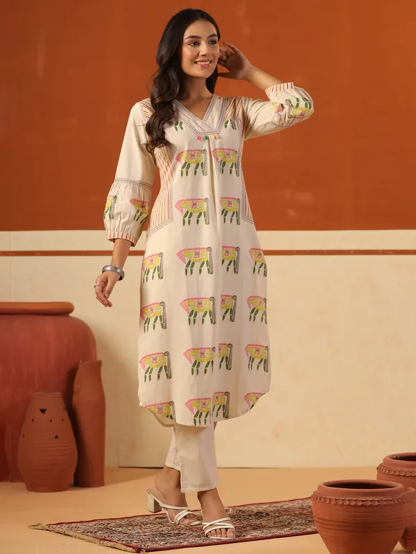 Beige_Printed_Pure_Cotton_Kurta_Trouser_Set