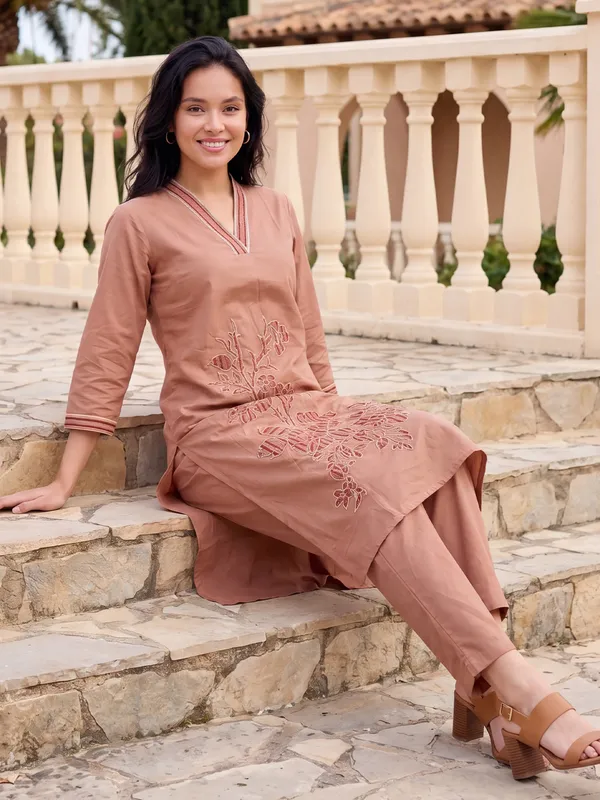 Beige_Embroidered_Pure_Cotton_Kurta_Trouser_Set