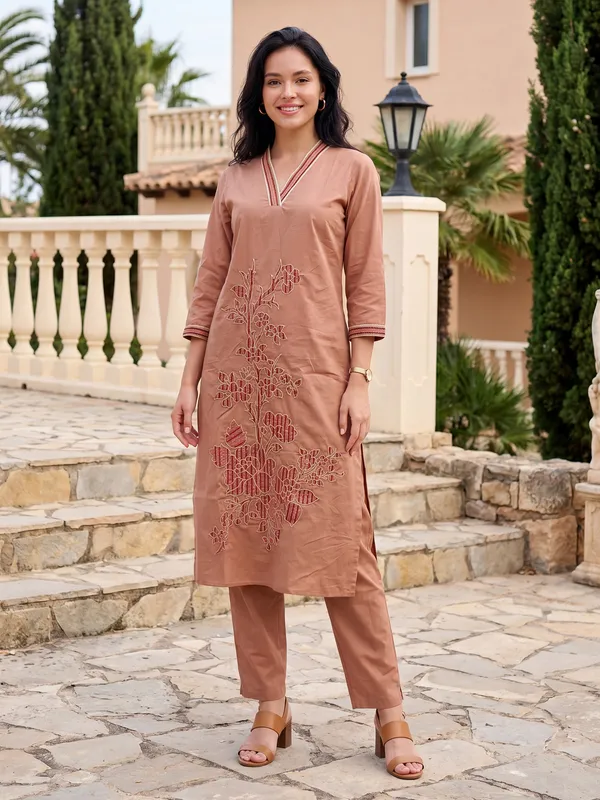 Beige_Embroidered_Pure_Cotton_Kurta_Trouser_Set