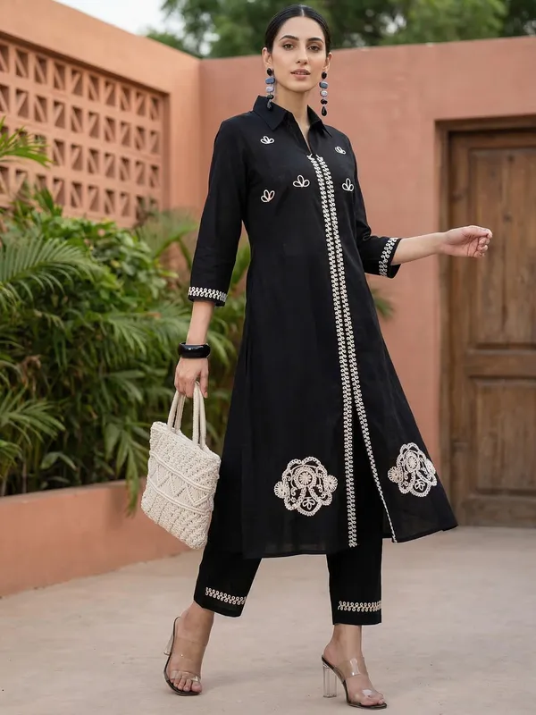 Black_Embroidered_Pure_Cotton_Kurta_Trouser_Set
