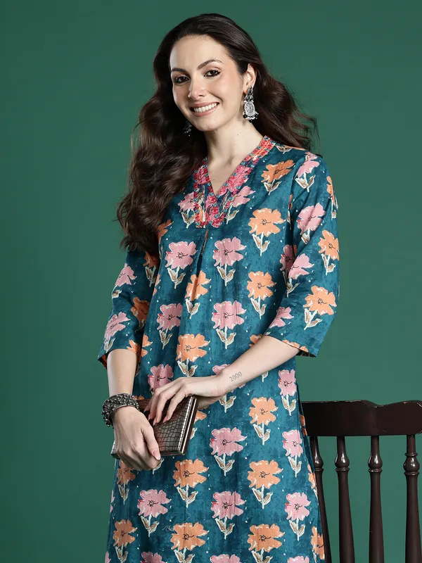 Blue_Printed_Pure_Cotton_Kurta_Trouser_Set