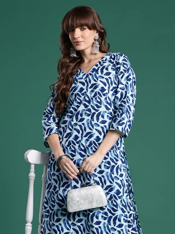Blue_Printed_Pure_Cotton_Kurta_Trouser_Set