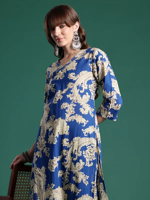 Blue_Printed_Pure_Cotton_Kurta_Trouser_Set