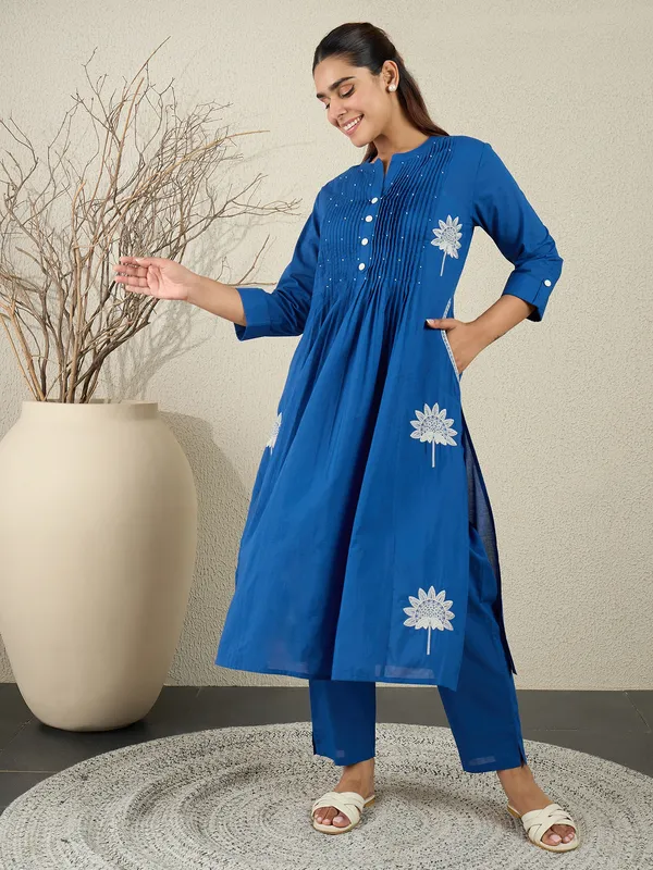 Blue_Embroidered_Pure_Cotton_Kurta_Trouser_Set
