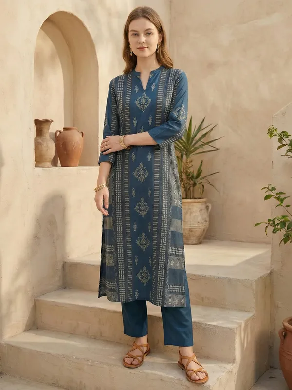 Blue_Cotton_A-Line_Kurta_with_Trousers