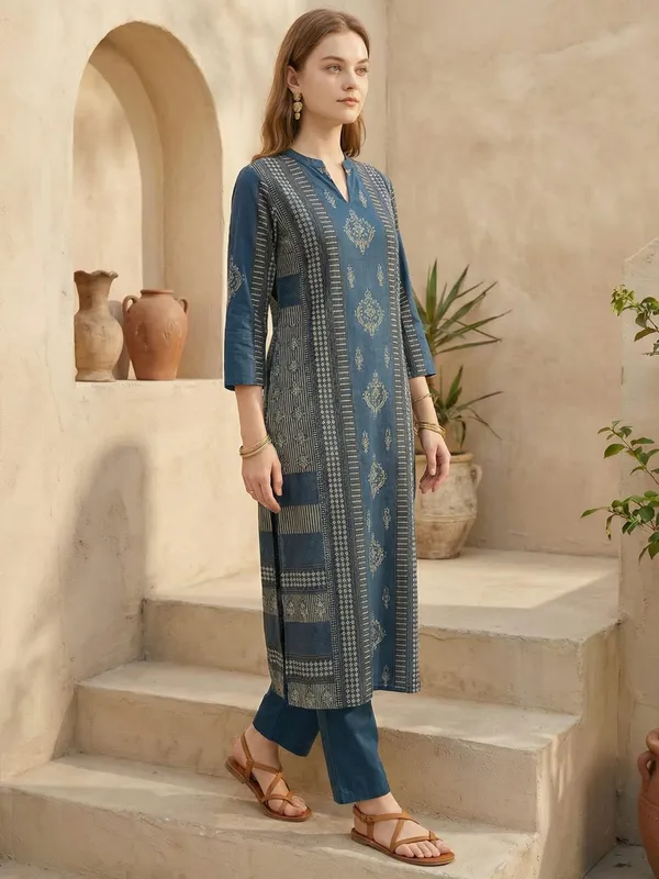Blue_Cotton_A-Line_Kurta_with_Trousers